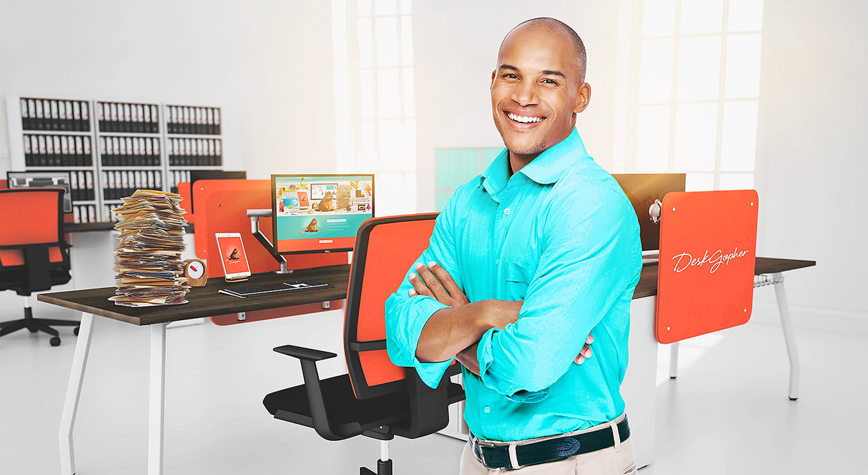 A smiling Desk Gopher manager in the office
